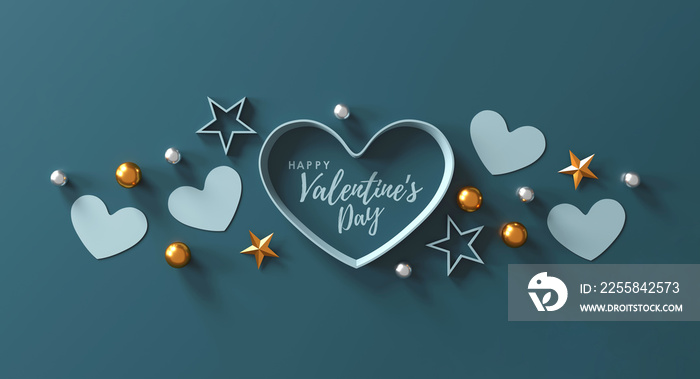 happy valentines day banner. heart, gift and box on green background. space for text. 3D illustrati