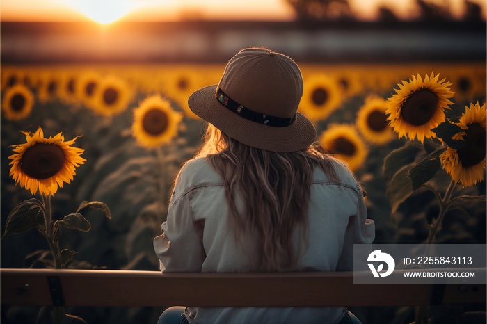 woman sitting in front of a sunflower field