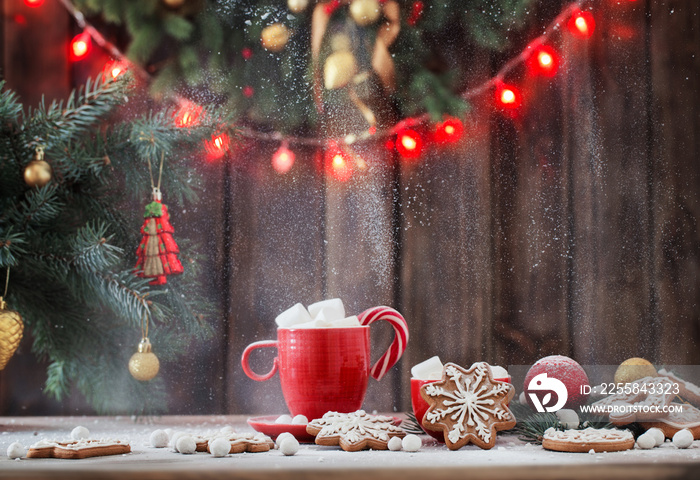 Christmas cookies on wooden table in kitchen