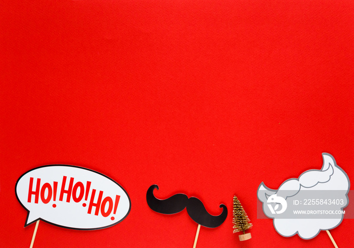 photo booth colorful props for christmas party - beard, santa claus, moustache on red background. Ch