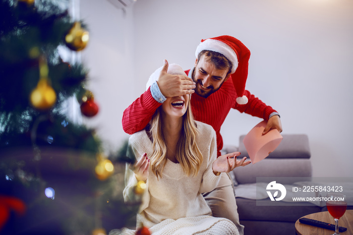 Handsome caucasian man in sweater and with santa hat on head covering his girlfriends eyes and hidi