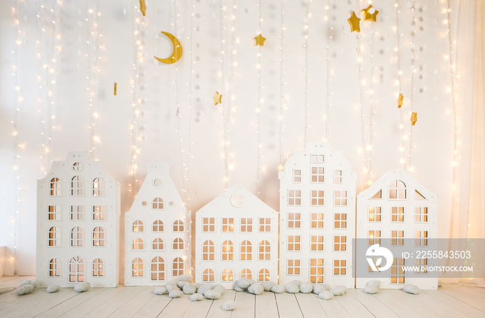 New Years scenery glowing city buildings garlands lights