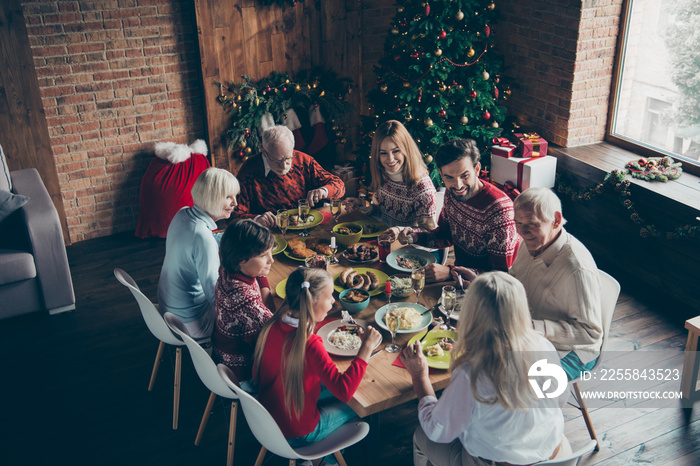 Above high angle view of noel evening family gathering. Cheerful grey-haired grandparents, brother, 