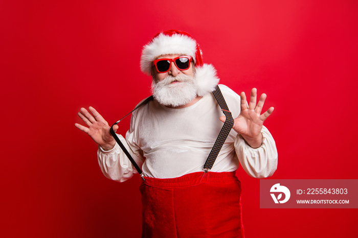 Portrait of cheerful positive dreamy funky Santa congratulations