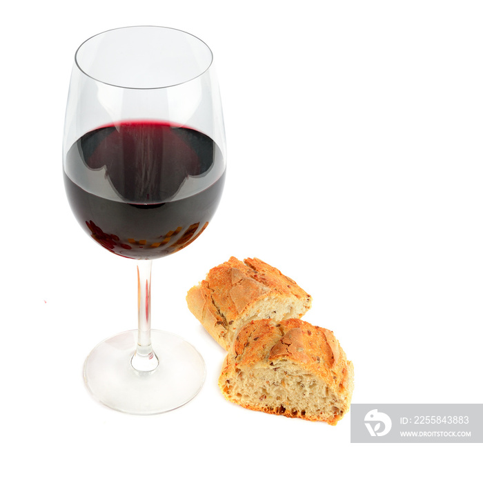 A glass of red wine and baguette isolated on a white. Free space for text.