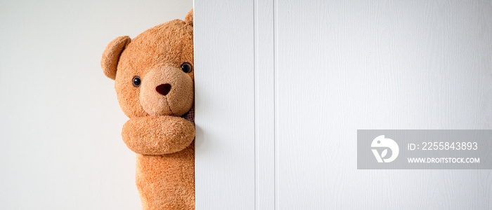 Cute brown teddy bear is hiding behind a white wooden door. Children play with fun and surprises. Co