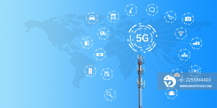 Antenna with 5G wireless signal technology and world map background In the age of fast data transmis