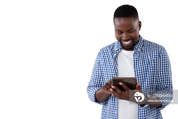 Man using digital tablet against white background