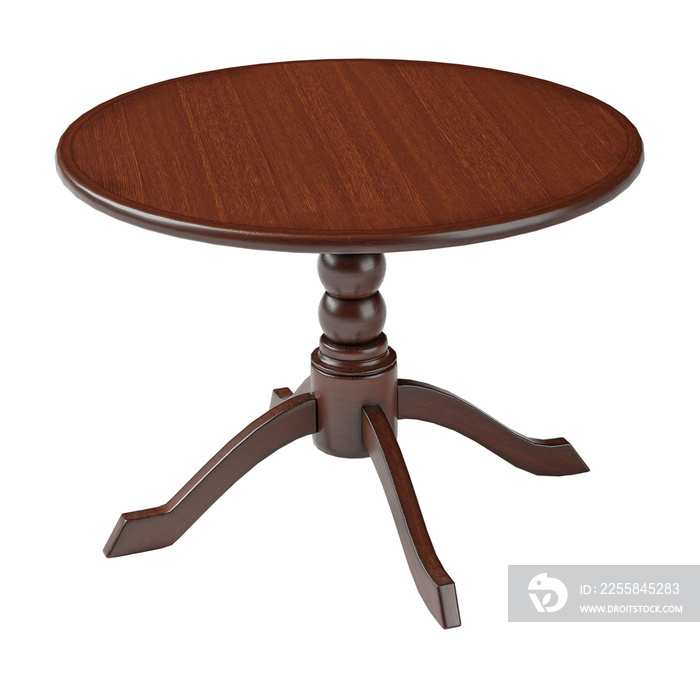 Round brown wooden retro table. Dining table isolated on white background. Clipping path included.