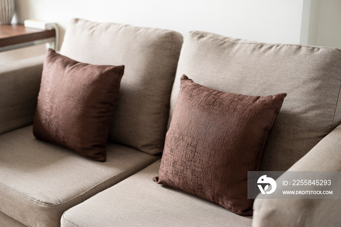 Close up brown pillows on sofa in the room