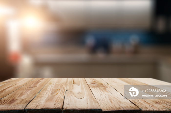 Wooden surface on blurred background of room in apartment.