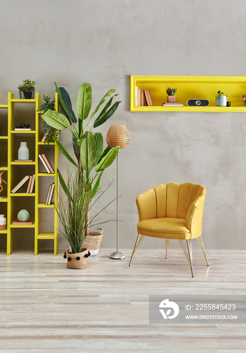 Decorative yellow sofa furniture set in the room, grey stone wall, yellow niche and bookshelf, home 