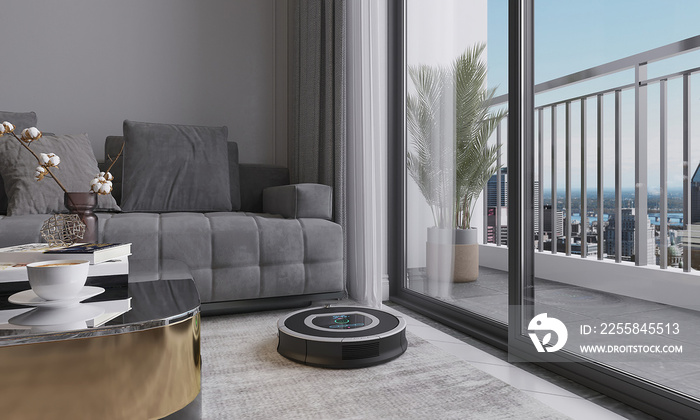 Home automation concept. Robots vacuums cleaners on carpet in living room for cleaning pet hair and 