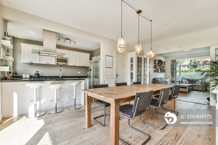 Stylish dining room with decorative table and chairs