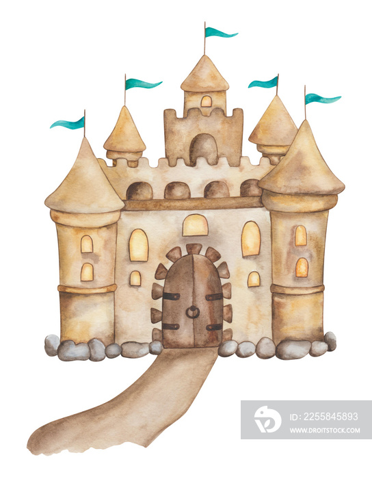 Watercolor illustration hand painted castle, fortress, palace in sand, brown color with flags, path,