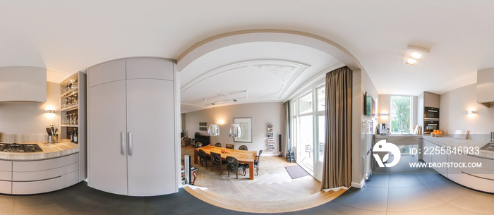 360 panorama of open plan dining room with wooden table near glass wall and kitchen with white cabin