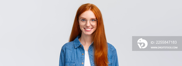 Education, youth and courses concept. Close-up cheerful charismatic redhead teenage girl, college st