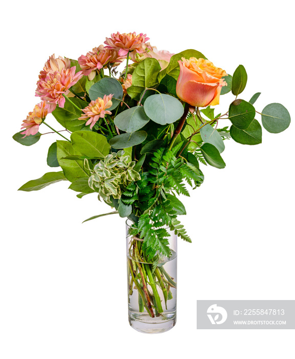 Closeup of an isolated flower arrangement in a glass vase