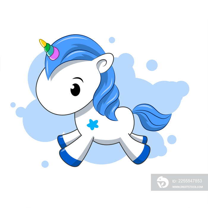 Little blue unicorn on a white background. Cartoon. Boy. Flat lay, top view