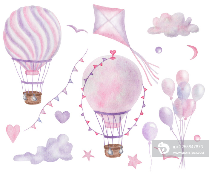 Watercolor illustration of hand painted pink purple air balloons, kites, birds, hearts, stars, cloud