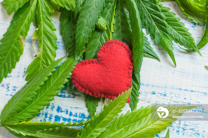 Love and marijuana. Red heart against the background of marijuana leaves.