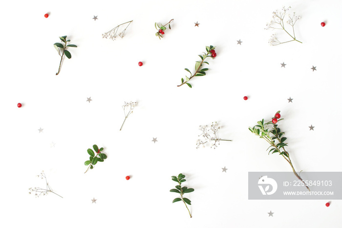 Christmas floral pattern. Winter composition of red cranberry branches, babys breath flowers and si