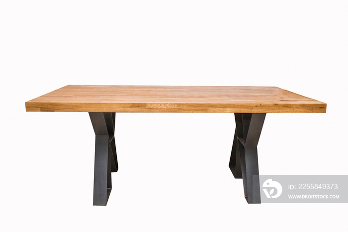wooden table with black metal legs on white background