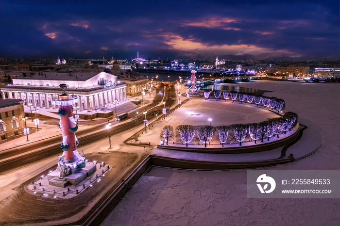 Saint Petersburg winter. Russia christmas. Spit Vasilievsky Island in snow. Saint Petersburg from bi