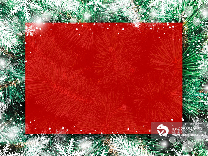 Christmas background design of blank red board on xmas tree with snow and snowflake