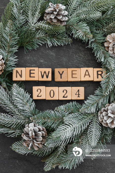 Fir branches with acorns on a white surface. New year 2024