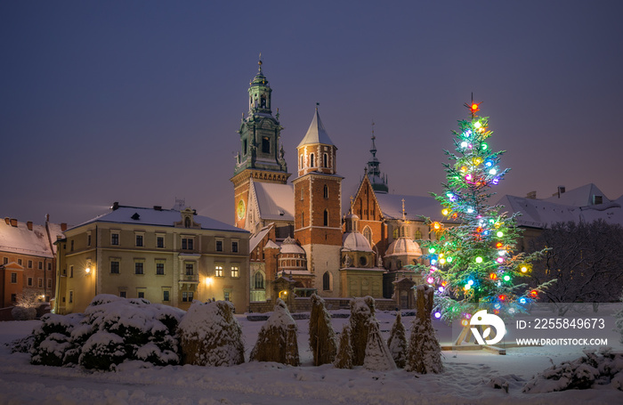 Illuminated Christmas tree on snow at night, Wawel cathedral and castle, Krakow, Poland