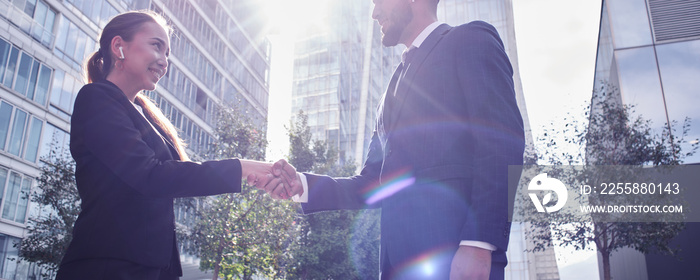 Asian Kazakh businessman and businesswoman meet and shake hands on the background of glass buildings of skyscrapers