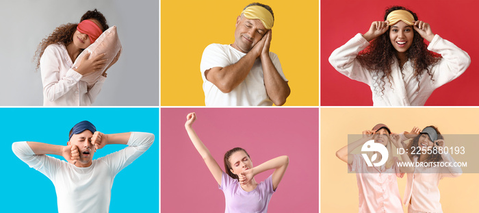 Collage of different people with pillows and sleep masks on color background