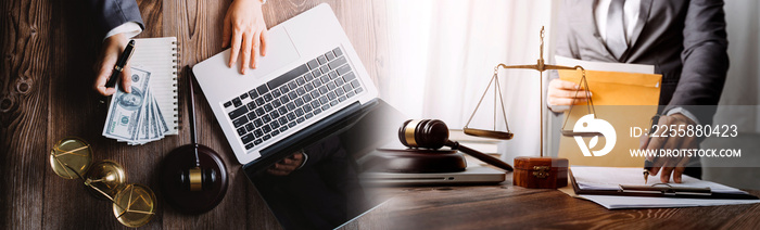 Business and lawyers discussing contract papers with brass scale on desk in office. Law, legal services, advice, justice and law concept