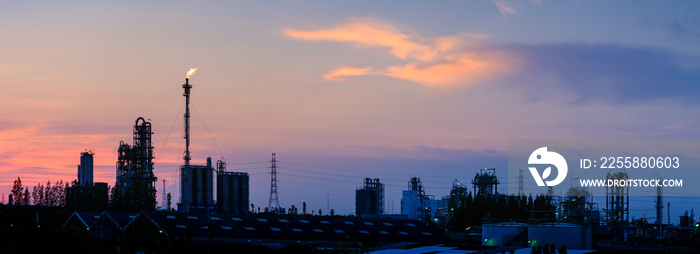 Panorama of Oil and gas refinery plant or petrochemical industry on blue sky twilight background, Manufacturing of petroleum industrial business