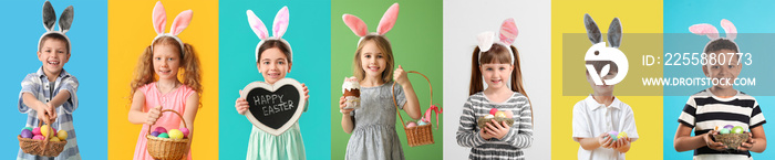 Set of many children with Easter eggs and bunny ears