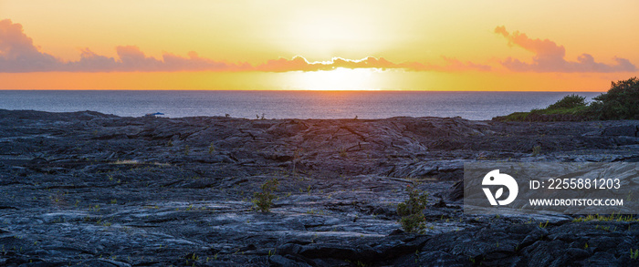 Panoramic view of a sunrise over a lava field in Big Island Hawaii
