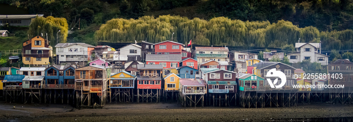 Palafitos de Castro on the island of Chiloé constructions of houses on wooden stilts