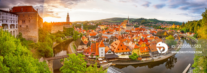 Panoramic sunset view over the old Town of Cesky Krumlov, Czech Republic