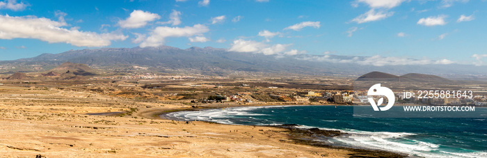 A panoramic view of Playa Leocadio Machado beach and El Medano town from Mount Roja nature reserve, Tenerife, Spain