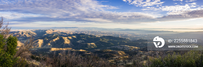 Panoramic view at sunset from the summit of Mt Diablo,  Pleasanton, Livermore and the bay covered in fog in the background, Mt Diablo SP, Contra Costa county, San Francisco bay area, California