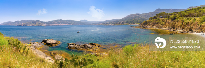 Great panoramic view of the Port of Selva bay from Punta S’Aranella, along the coastal road from Port of Selva to Llança. Costa Brava, Catalonia, Spain