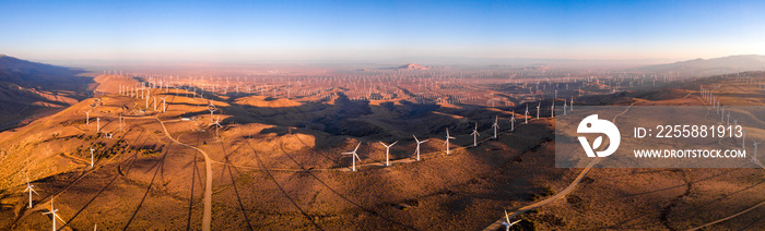 Wind turbine farm from aerial view. Sustainable development, environment friendly of wind turbine by giving renewable, sustainable, alternative energy in Nevada, USA.