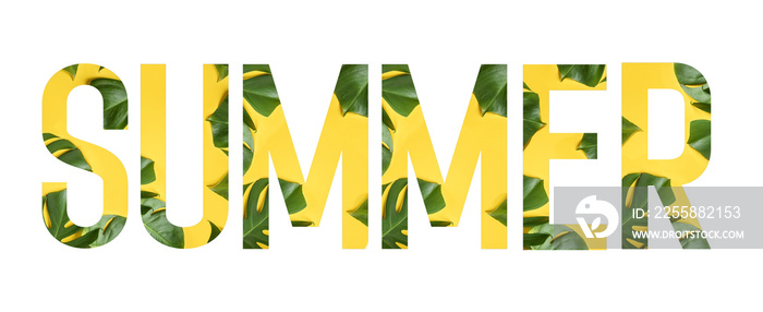 Flower font Alphabet SUMMER made of Real alive flowers monstera on yellow background with paper cut shape of letter. Collection of flora font for your unique decoration in summer