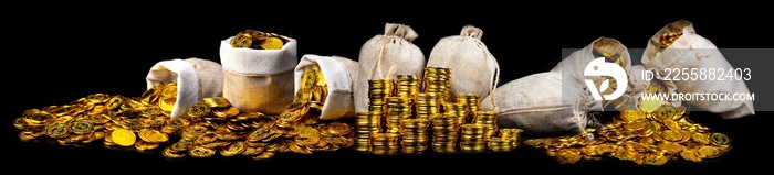 Stacking gold coin in treasure sack