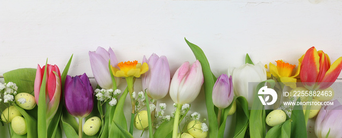 Decorazioni di Pasqua con uova di Pasqua e fiori su uno sfondo bianco