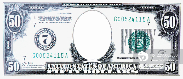 Clear 50 Dollar Banknote pattern, Fifty dollar border with empty middle area, U.S. 50 highly detailed dollar banknote. on a white background.