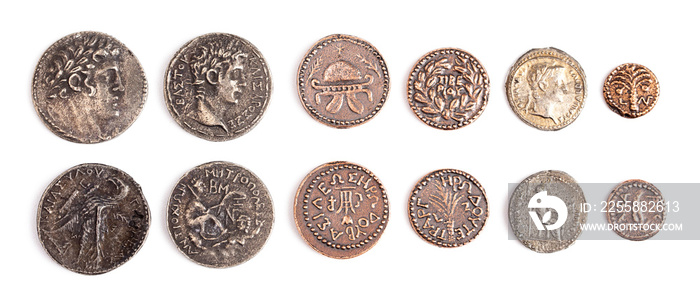 Ancient Roman and Jewish Coin Replicas Isolated on a White Background