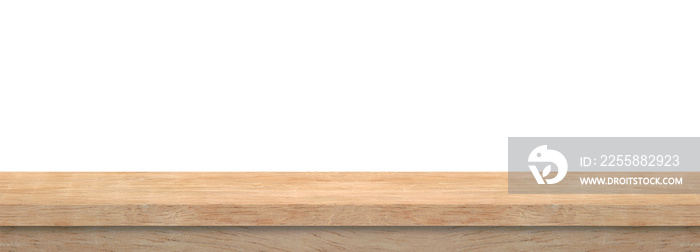 Wooden old brown table top isolated on white background empty rustic wood table for montage product display or design key visual layout panorama banner long, with clipping path