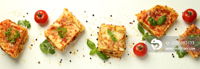 Concept of delicious food with lasagna on white background